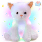 Houwsbaby 12'' White Musical Light Up Cat Stuffed Animal Kitty Plush Toy Singing LED Glowing Cat Plush Toy Christmas Festival Bi