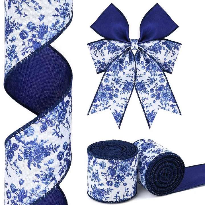 2Rolls Blue White Floral Wired Edge Ribbon Chinoiserie Burlap Ribbon Vintage Floral Peony Patterned Fabric Ribbon for Gift Wrapp