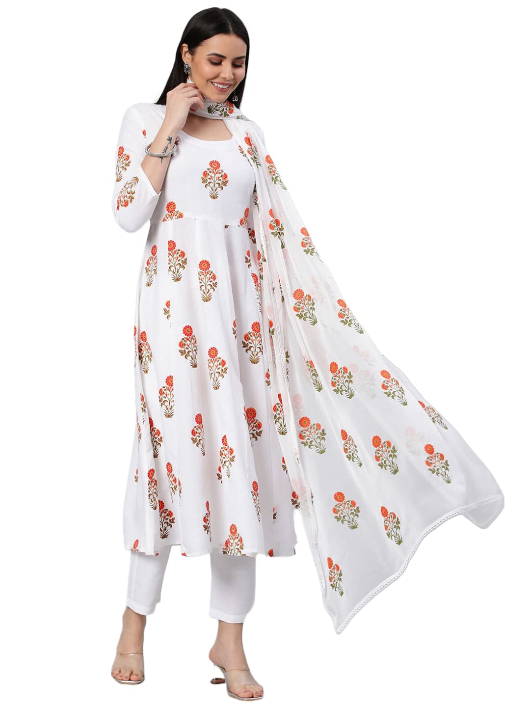 Anni Designer Women'S Georgette Anarkali Floral Printed Kurta With Pant & Dupatta (Clean-White_Xxl_White_Xx-Large),White,2XL