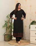 Anni Designer Women'S Rayon Viscose Anarkali Printed Kurta With Pant (Ramkund Black_Xxl_Black_Xx-Large),Black,2XL,Rayon,Anarkali,