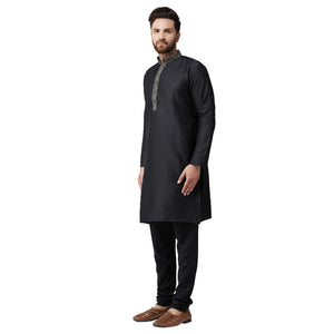 Sojanya (Since 1958 Men'S Black Jacquard Silk Kurta & Churidaar Pyjama Size M