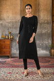 Soch Womens Black Rayon Sequin Embroidered Boat-Neck Straight Kurta Black Xl