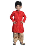 Vastramay Boys' Maroon And Rose Gold Kurta Patiala Set | Gold Bandhani And Foil Print Rayon Kurta With Pyjama For Navratri Diwali & Festive Celebrations - Stylish And Comfortable Indian Outfit