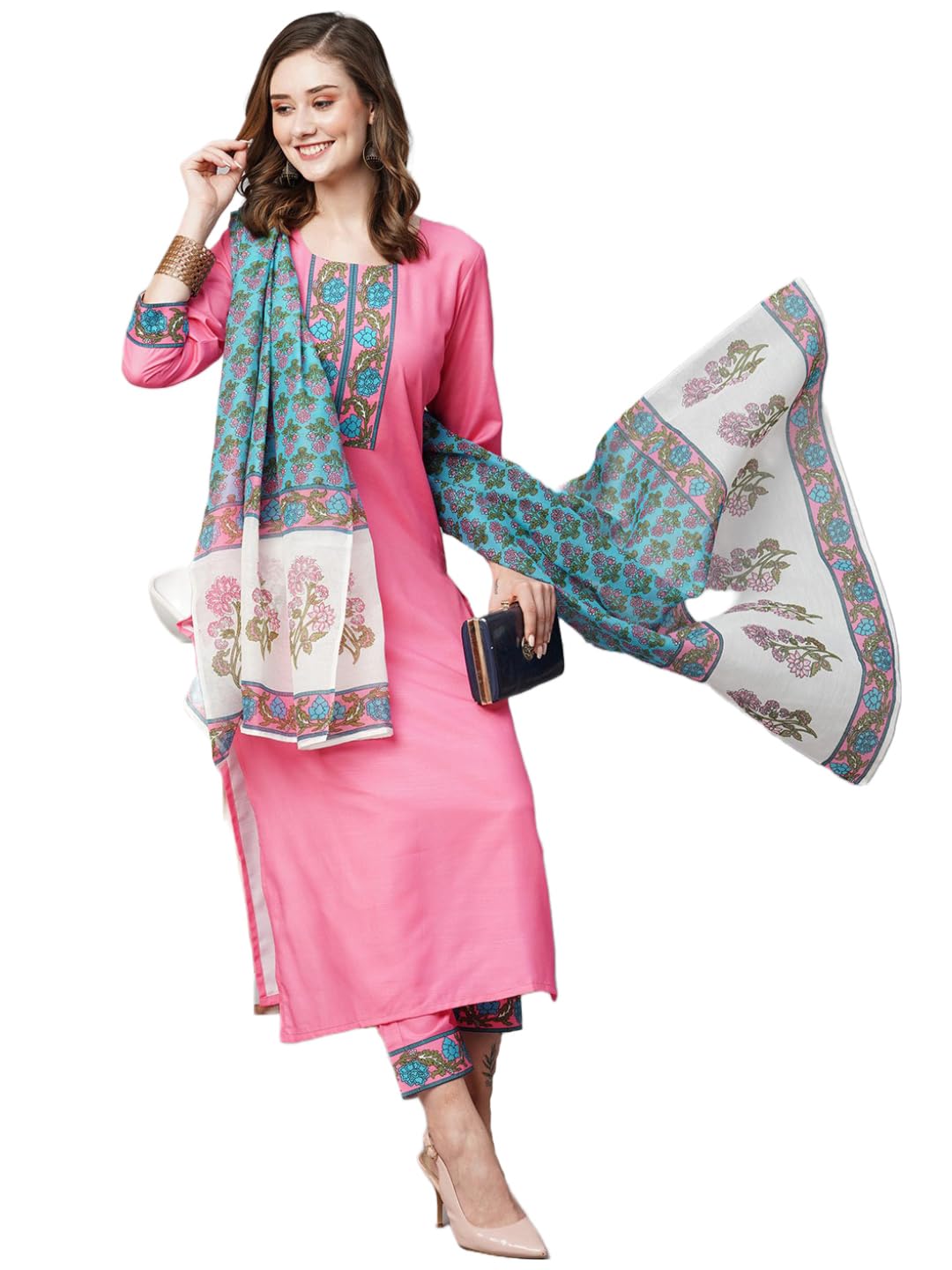 Gosriki Women'S Cotton Blend Straight Printed Kurta With Pant & Dupatta (Nidhivan Pink-Gs_M_Pink_Medium),Pink,,B0C7W3MTKF