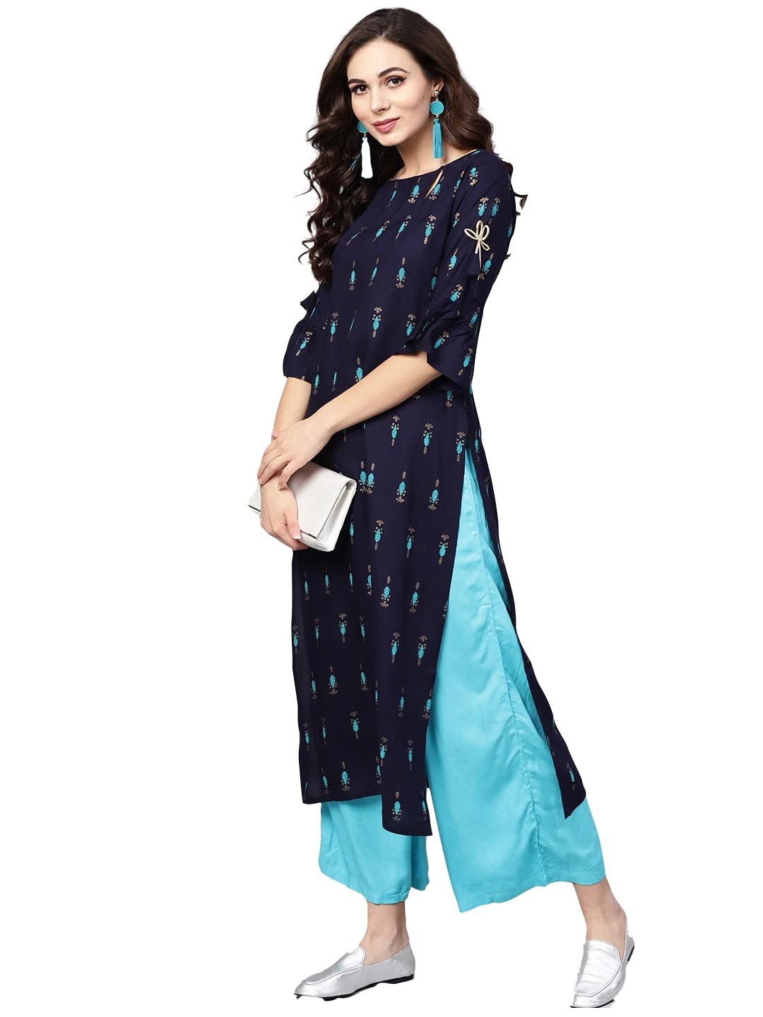 Anni Designer Women'S Cotton Blend Printed Straight Kurta With Palazzo (Sidda Blue_S_Navy Blue_Small),Blue,S