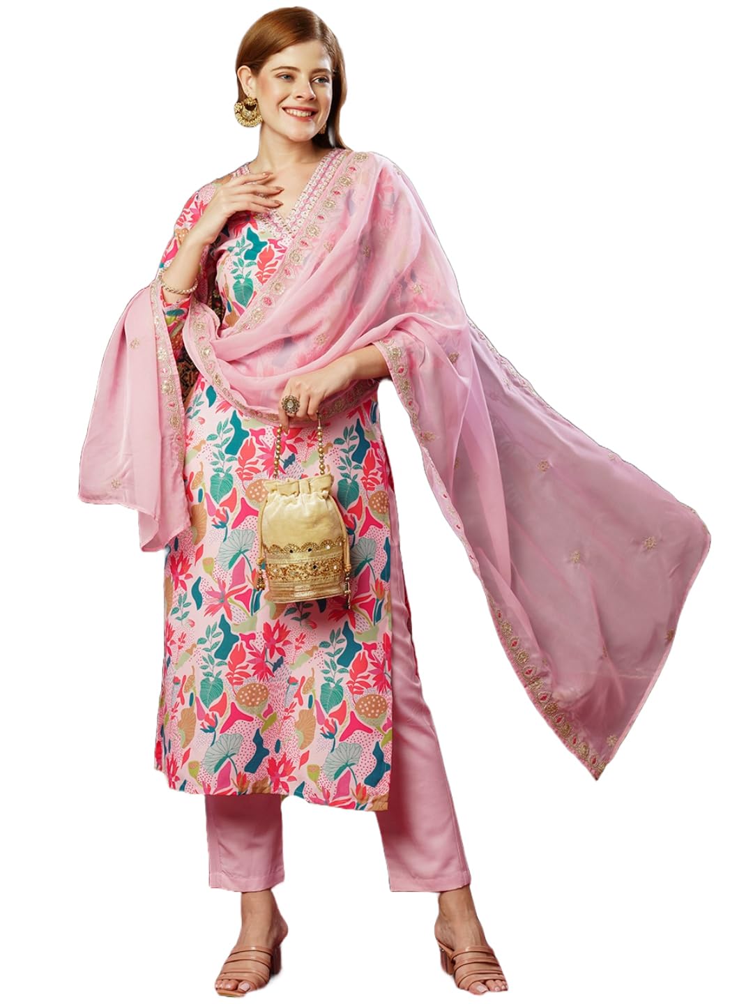 Anni Designer Women'S Rayon Blend Printed Straight Kurta With Pant & Dupatta (Maslin-Multi-Jl_Xxl_Peach_Xx-Large),Peach,2XL