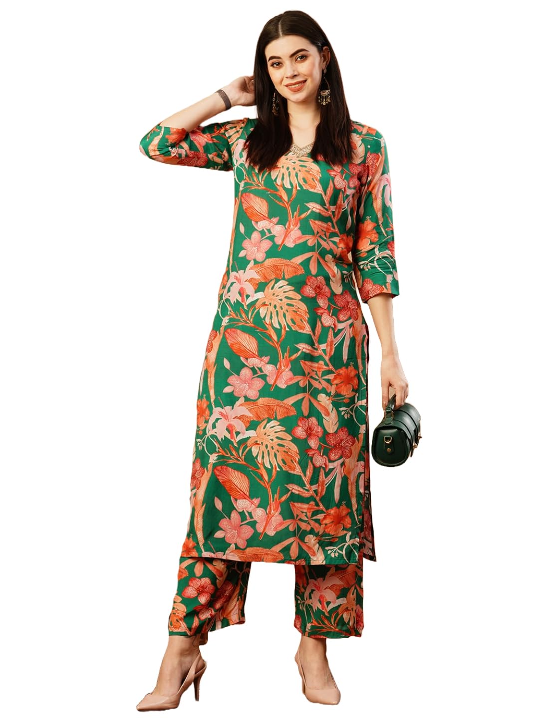 Anni Designer Women'S Cotton Blend Straight Printed Kurta With Palazzo (Chinki Green-Nw_M_Green_Medium),Green,M