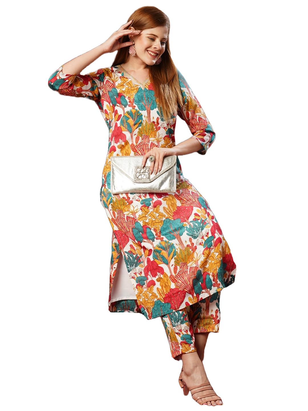 Anni Designer Women'S Rayon Blend Straight Printed Kurta With Pant (Samlok White-Jl_L_White_Large),White,L