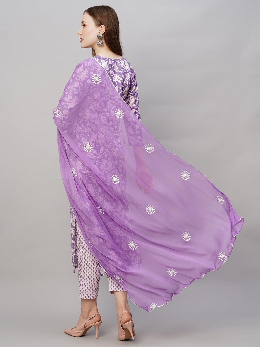 Anni Designer Women'S Cotton Blend Straight Printed Kurta With Pant & Dupatta (Mei Purple-Nw_M_Purple_Medium),Purple,M,Cotton Blend,Regular,Dupatta
