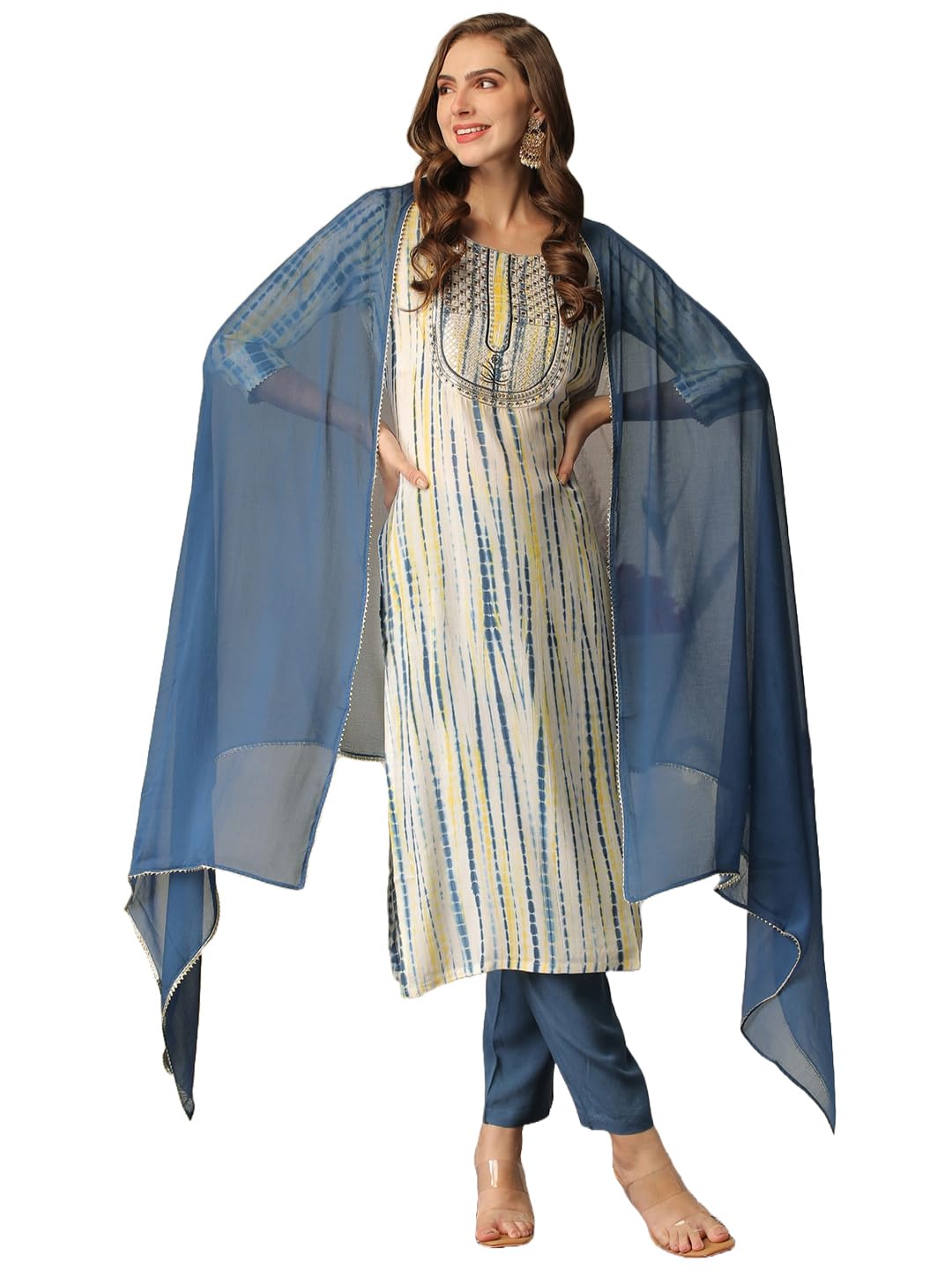 Anni Designer Women'S Rayon Blend Straight Printed Kurta With Pant & Dupatta (Tiedye Light Blue-Nw_L_Light Blue_Large),Light Blue,L,,,