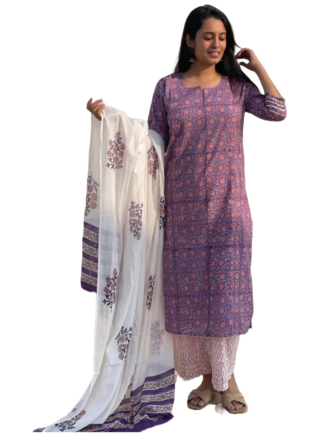 Gosriki Women'S Cotton Blend Straight Printed Kurta With Pant & Dupatta (Blockbuster Multi-Gs_L_Purple_Large),Purple,,B0CQCKL34P