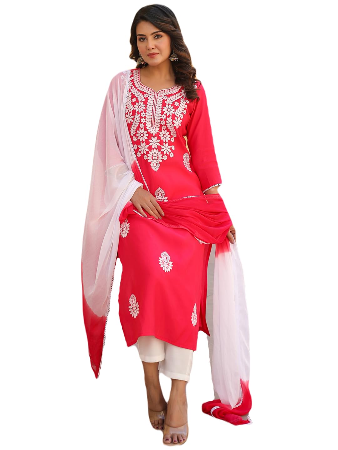 Anni Designer Women'S Rayon Blend Embroidered Straight Kurta With Pant & Dupatta (Vimurat Pink_Xl_Pink_X-Large),Pink,XL