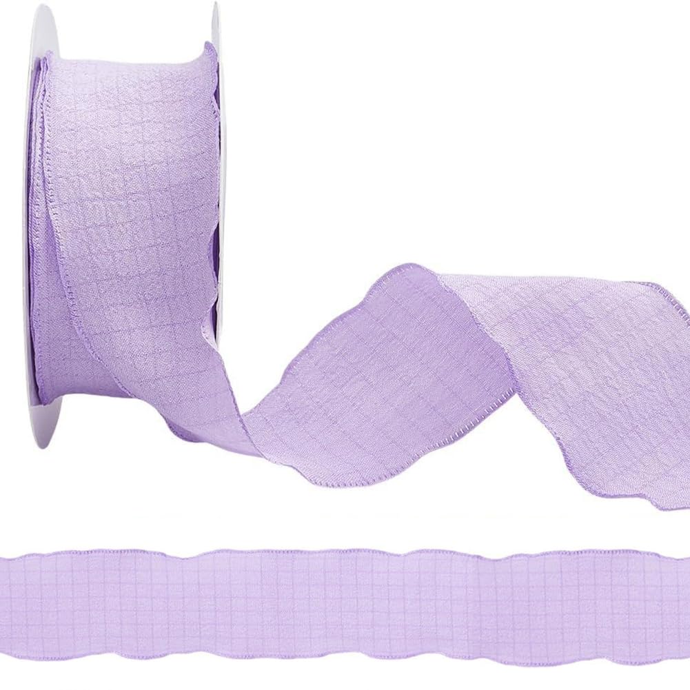 CABODYALS 10 Yards 1 Inch Ruffle Edge Ribbon Purple Double Ruffled Pleated Soild Chiffon Silk Polyester Gathered Fabric Satin Ri