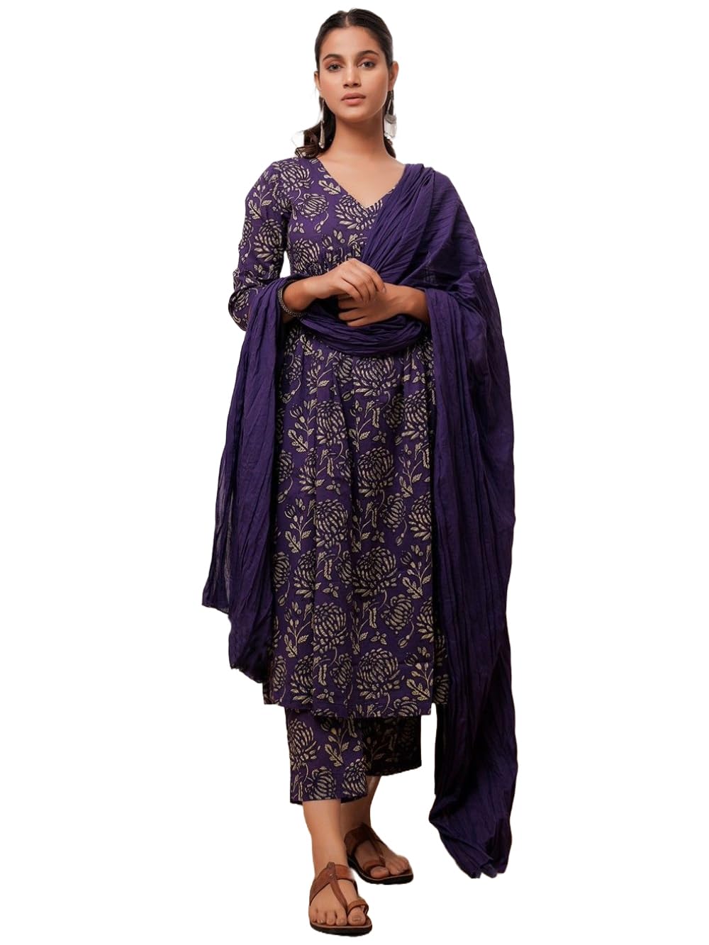 Anni Designer Women'S Cotton Blend Anarkali Printed Kurta With Pant & Dupatta (Dabu Violet_L_Violet_Large),Violet,L