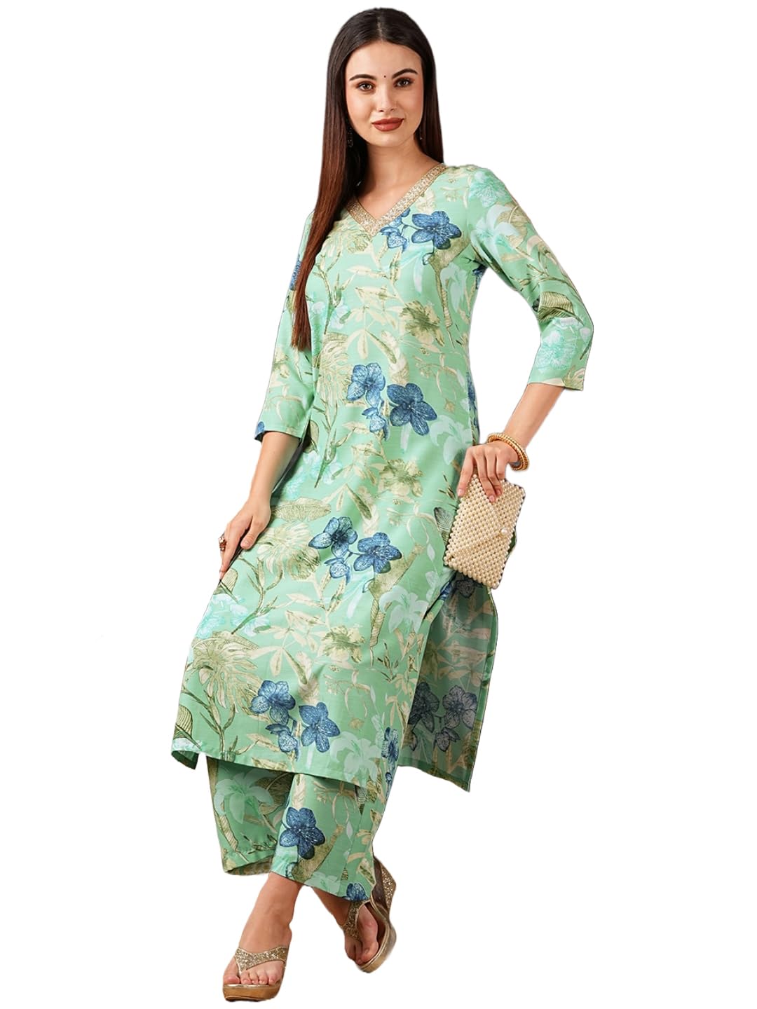 Anni Designer Women'S Cotton Blend Straight Printed Straight Fit Kurta With Palazzo (Chinki Pista_L_Pista_Large),Pista,L
