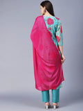 Anni Designer Women'S Cotton Blend Floral Straight Kurta With Pant & Dupatta (Madhya_Turquoise_X-Large),Turquoise,XL,,,