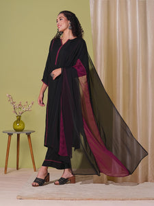 Anni Designer Women'S Rayon Viscose Straight Solid Kurta With Pant & Dupatta (Nanad Black-Vks01_L_Black_Large),Black,L,,,
