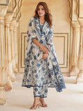 Pinkmint Women Cotton Blend Floral Printed Kurta With Pant & Dupatta Off White