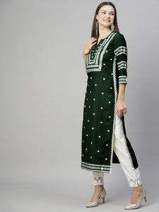 Anni Designer Women'S Cotton Blend Chikankari Embroidered Straight Kurta (Stho-Dark Green_L_Dark Green_Large),Dark Green,L,Cotton Blend,Regular,Kurta