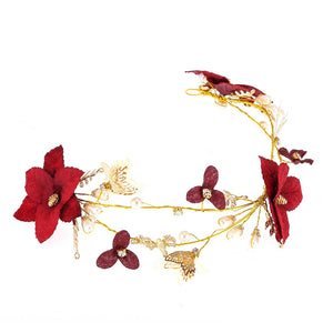 Wedding Headpiece Red Flower Gold Butterfly Hairbands Wedding Tiara Pearl Headbands Bridal Hair Bridesmaid Jewelry Accessories (