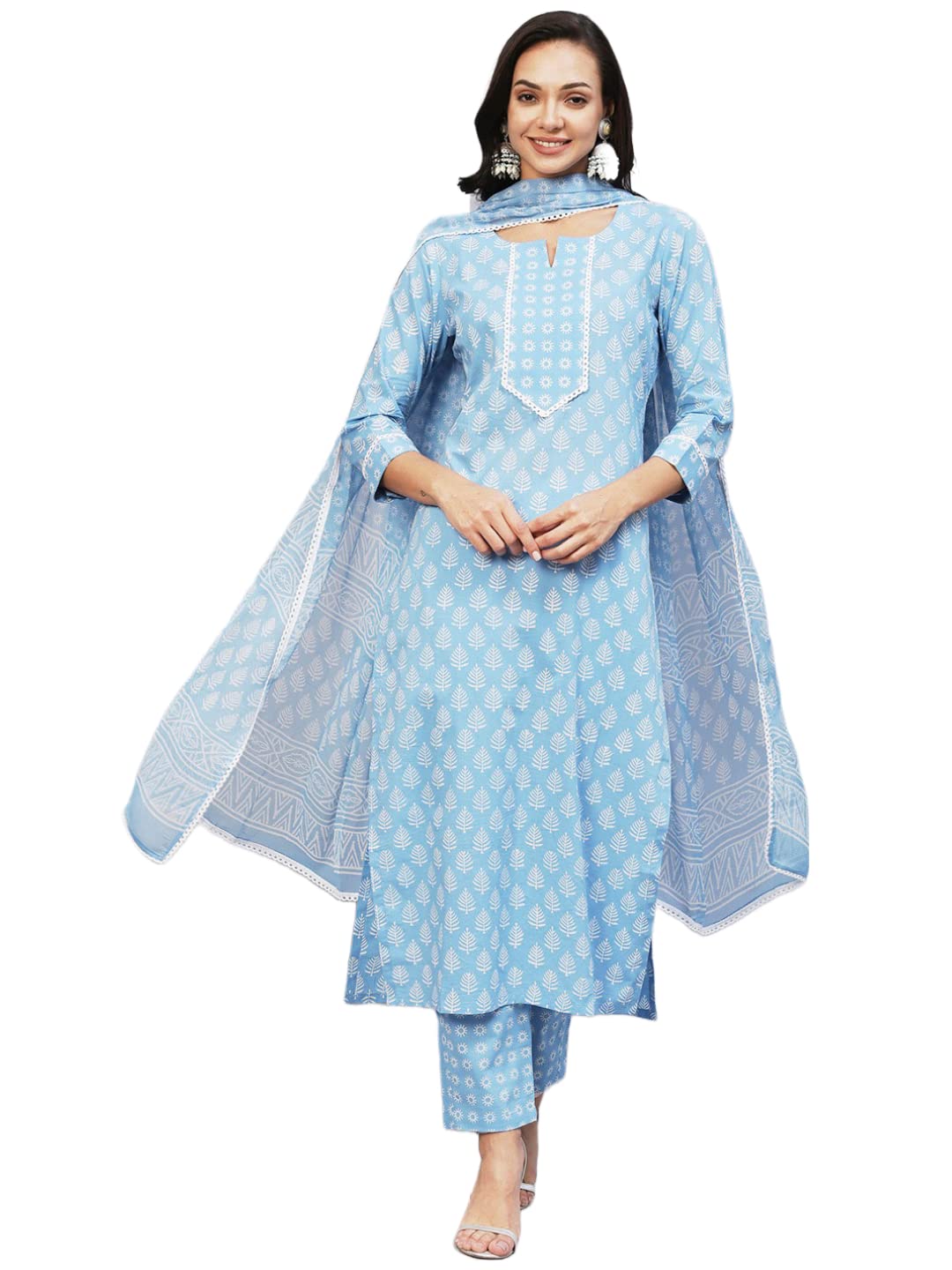 Anni Designer Women'S Cotton Blend Straight Printed Kurta With Pant & Dupatta (Dooti Blue-Cmd_S_Blue_Small),Blue,S