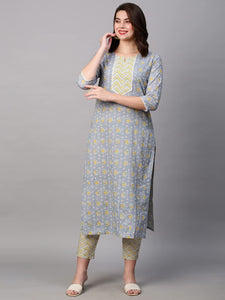 Gosriki Women'S Cotton Blend Printed Straight Kurta With Pant (Mikaa Grey-Nwfb08-Gs_4Xl_Grey_Xxxx-Large),Grey,4,B0BTJ8SW2L