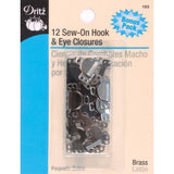 Dritz 193 Sew On Hook & Eye Closures, Brass 12Count
