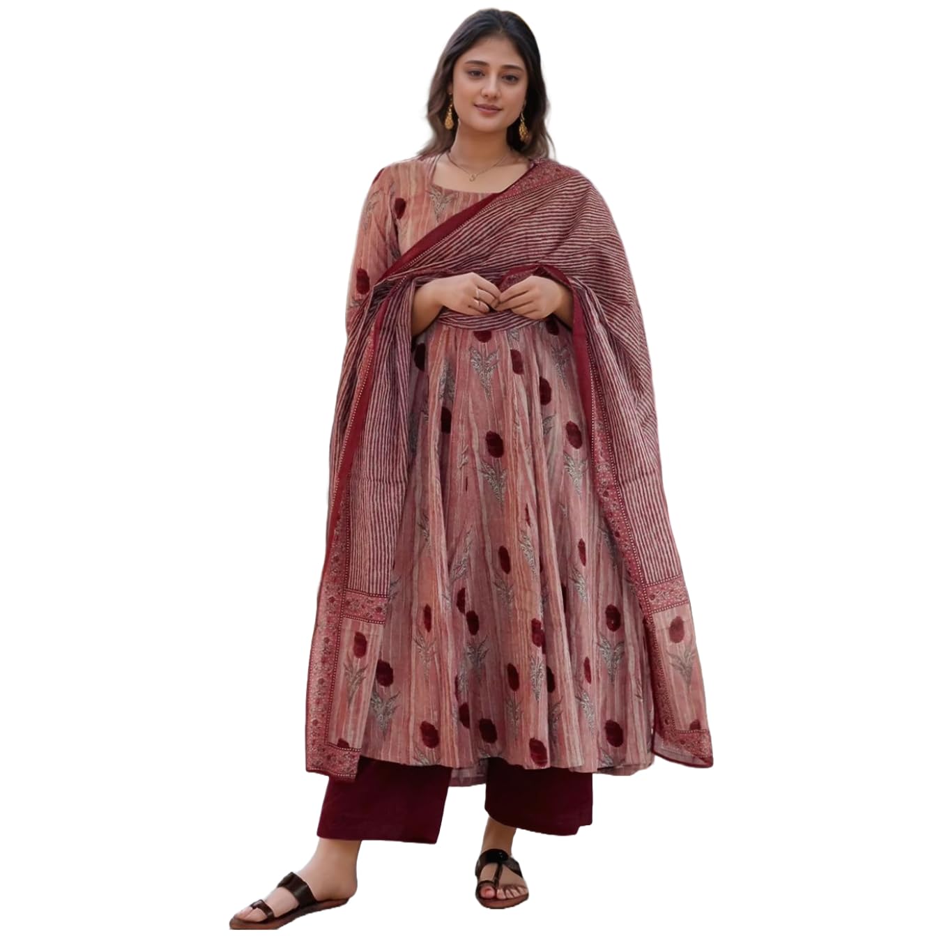 Anni Designer Women'S Rayon Viscose Printed Anarkali Kurta With Pant & Dupatta (Prisha Wine-Vks01_S_Wine_Small),Wine,S,,,