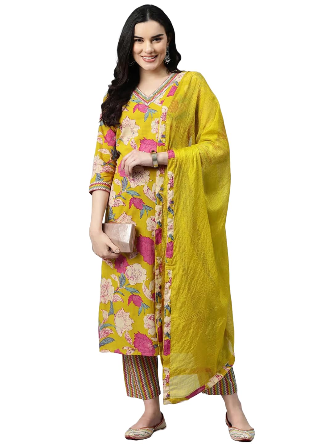 Anni Designer Women'S Rayon Blend Printed Straight Kurta With Pant & Dupatta (Ganita Mustrad-Vks04_L_Mustard_Large),Mustard,L