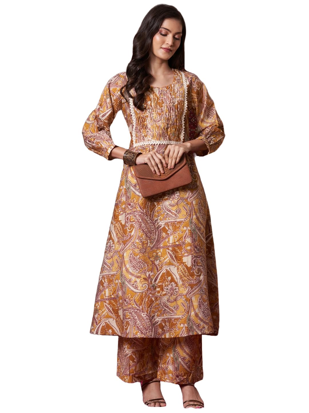 Anni Designer Women'S Rayon Blend Straight Printed Kurta With Pant (Marco Yellow_Xxl_Yellow_Xx-Large),Yellow,2XL