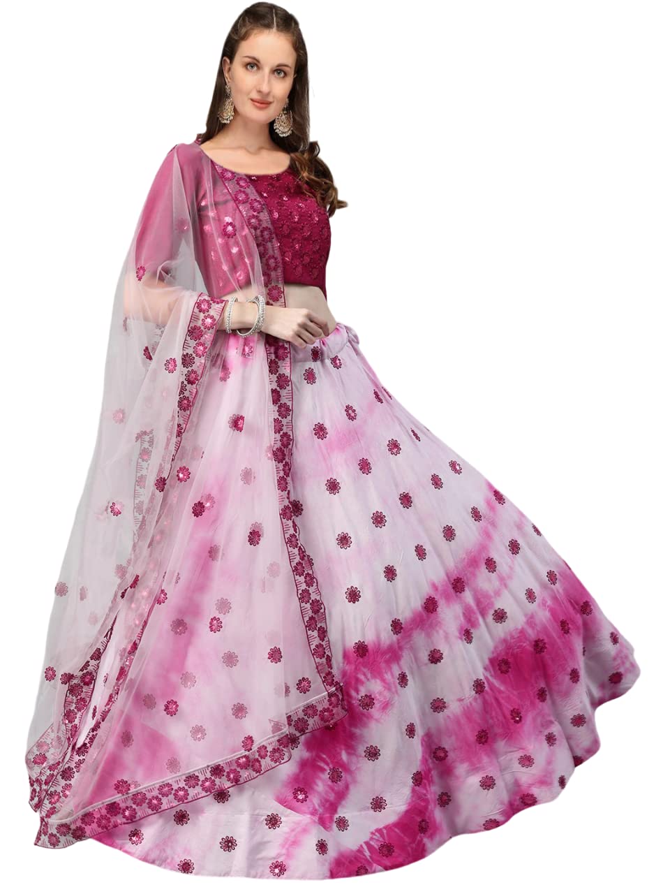 Fashion Basket Women's Gerogette Semi Stitched White Lehenga Choli
