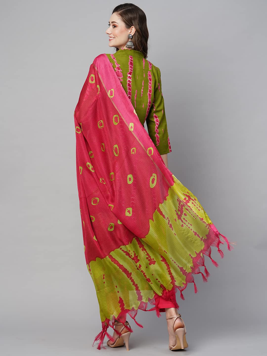 Anni Designer Women'S Cotton Blend Straight Printed Kurta With Pant & Dupatta (Sibori Methi-Ks_S_Green_Small),Green,S,Cotton Blend,Regular,Kurta, Scarf