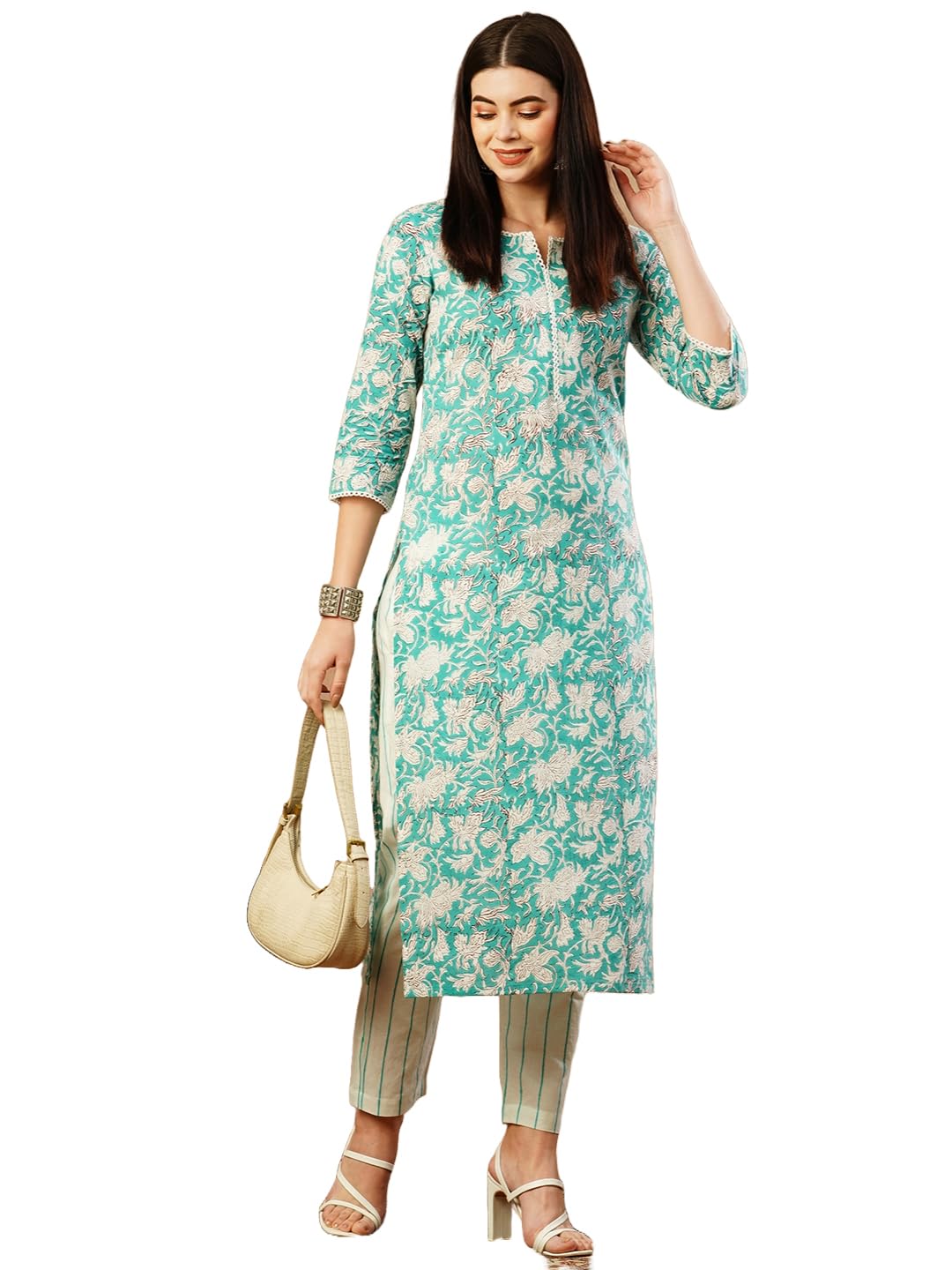 Gosriki Women'S Cotton Blend Straight Printed Kurta With Pant (Pachas Blue-Gs_L_Blue_Large),Blue,,B0CSG42PVS
