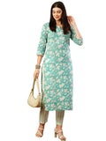 Gosriki Women'S Cotton Blend Straight Printed Kurta With Pant (Pachas Blue-Gs_L_Blue_Large),Blue,,B0CSG42PVS