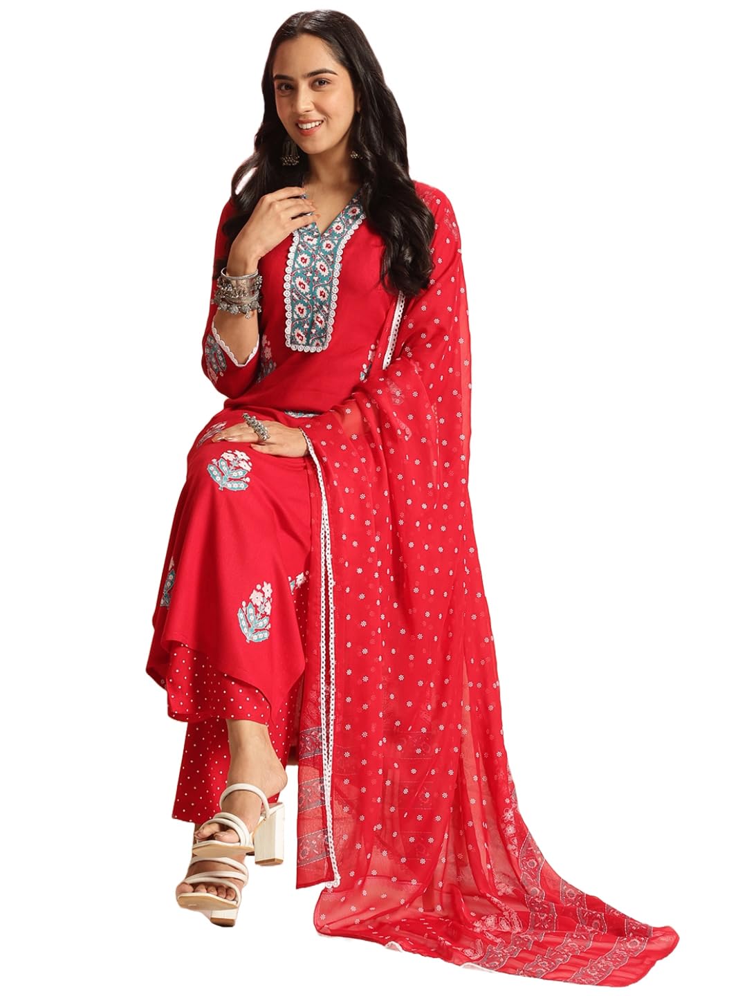 Anni Designer Women'S Rayon Viscose Printed Straight Kurta With Pant & Dupatta (Belagavi Red-Vks05_Xxl_Red_Xx-Large),Red,2XL