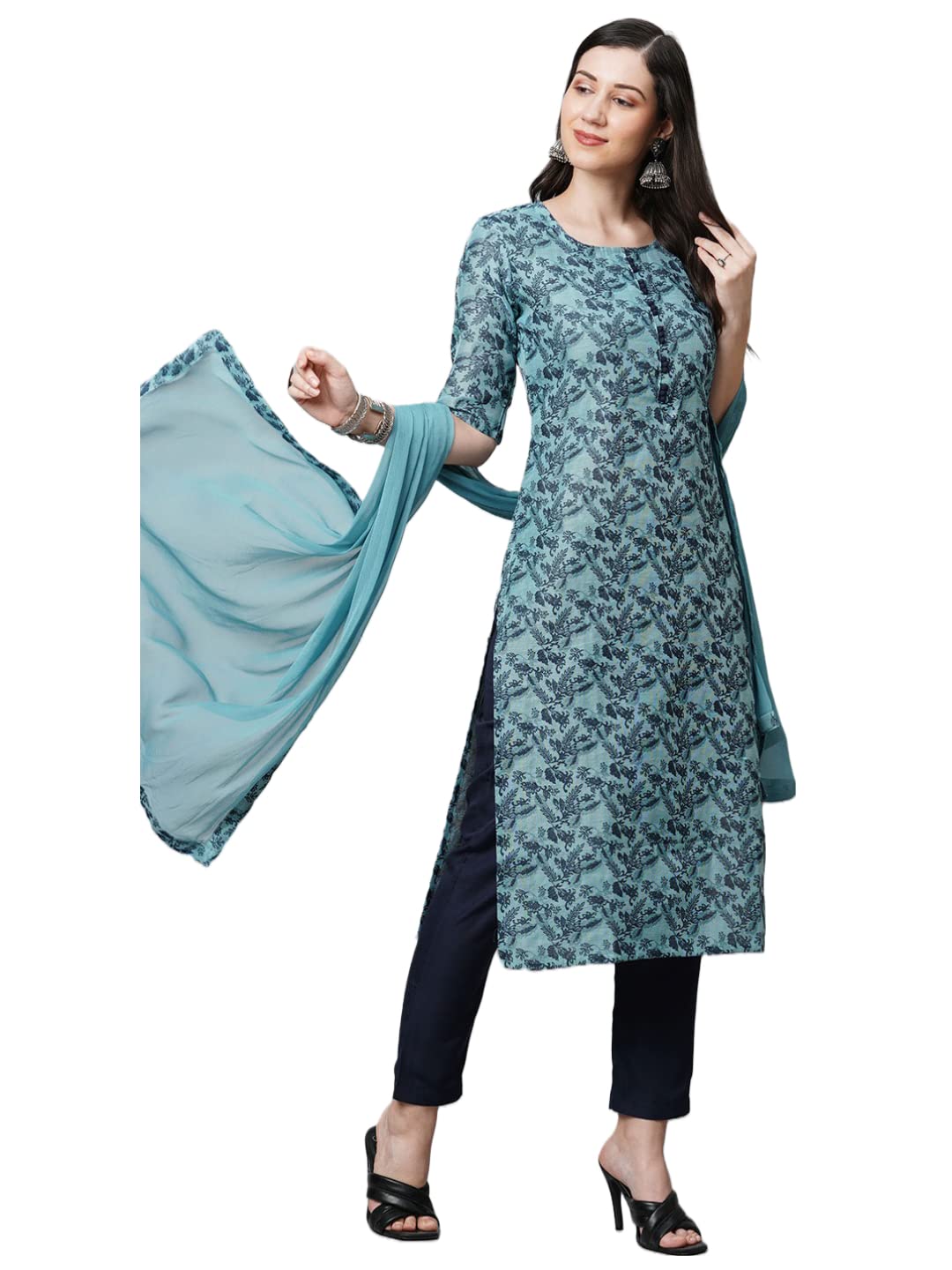 Anni Designer Women'S Banarasi Silk Straight Printed Kurta With Pant & Dupatta (Banarsi-Blue_Xxl-An_Blue_Xx-Large),Blue,2XL