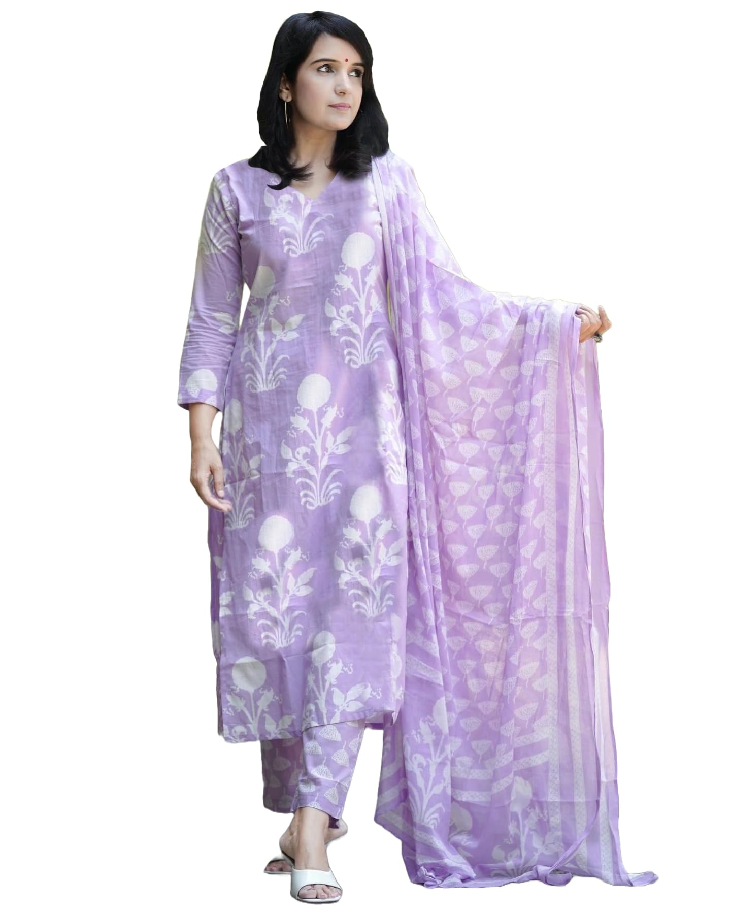 Anni Designer Women'S Cotton Blend Printed Straight Kurta With Pant & Dupatta (Zuri Purple-Vks01_M_Purple_Medium),Purple,M,,,