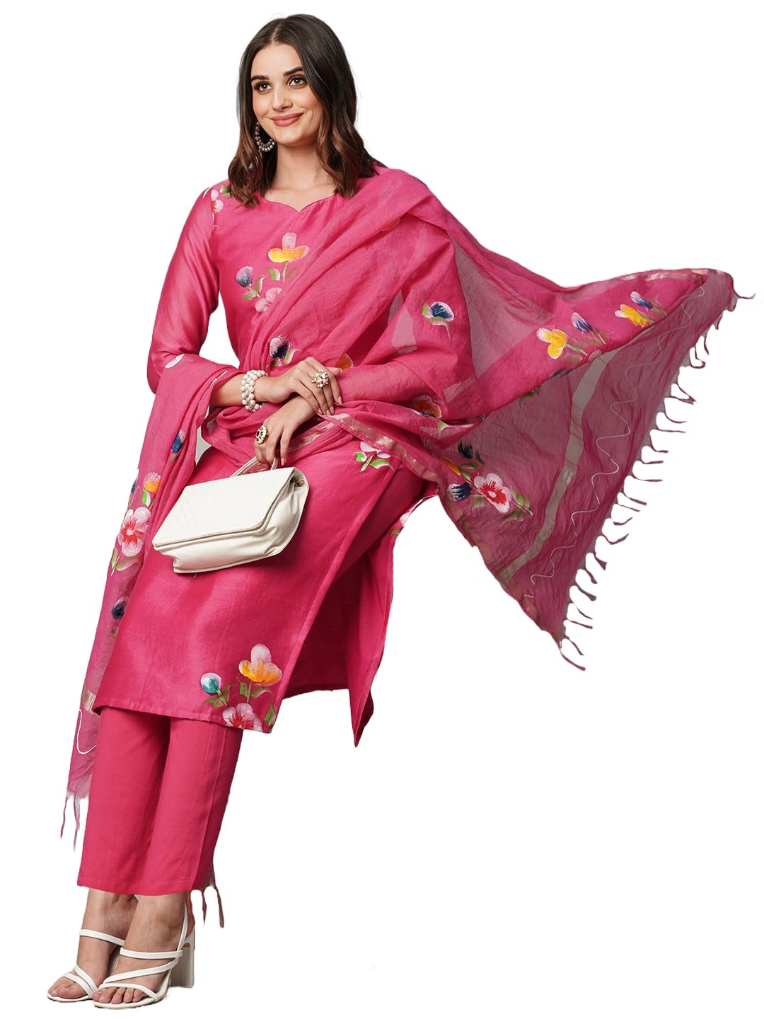Anni Designer Women'S Cotton Blend Straight Printed Kurta With Pant & Dupatta (Natkat Pink_Xl_Pink_X-Large),Pink,XL