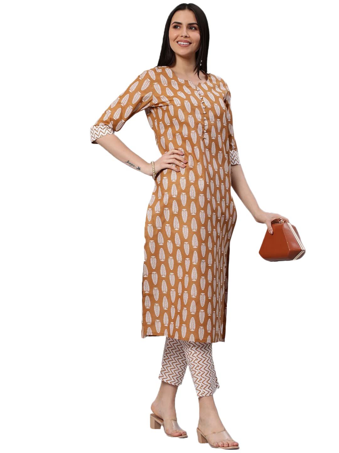 Anni Designer Women'S Cotton Blend Traditional Straight Printed Kurta And Pant Set (Danapa Mustard_M_Mustard_Medium),Mustard,M