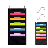 Hanging Wall File Organizer, 5 Pocket, Black Wall Storage Pocket Charts with 2 Hangers, Oxford Cloth Storage Pocket, Over The Do