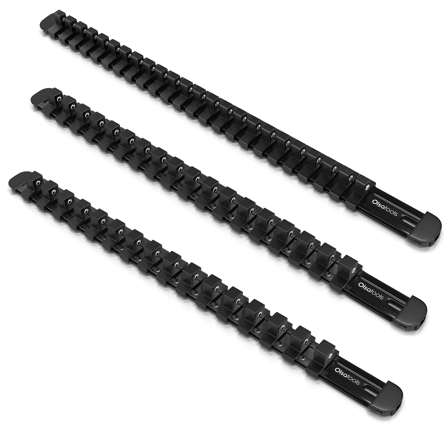 Olsa Tools 3 Pc Set Aluminum Socket Organizer With Locking End Caps 1/4-Inch Drive X 24 Clips, 3/8-Inch Drive X 18 Clips, 1/2-I