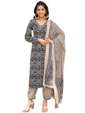 Anni Designer Women'S Cotton Blend Straight Printed Kurta With Pant & Dupatta (Nihira Cream-N3W_L_Black_Large),Black,L