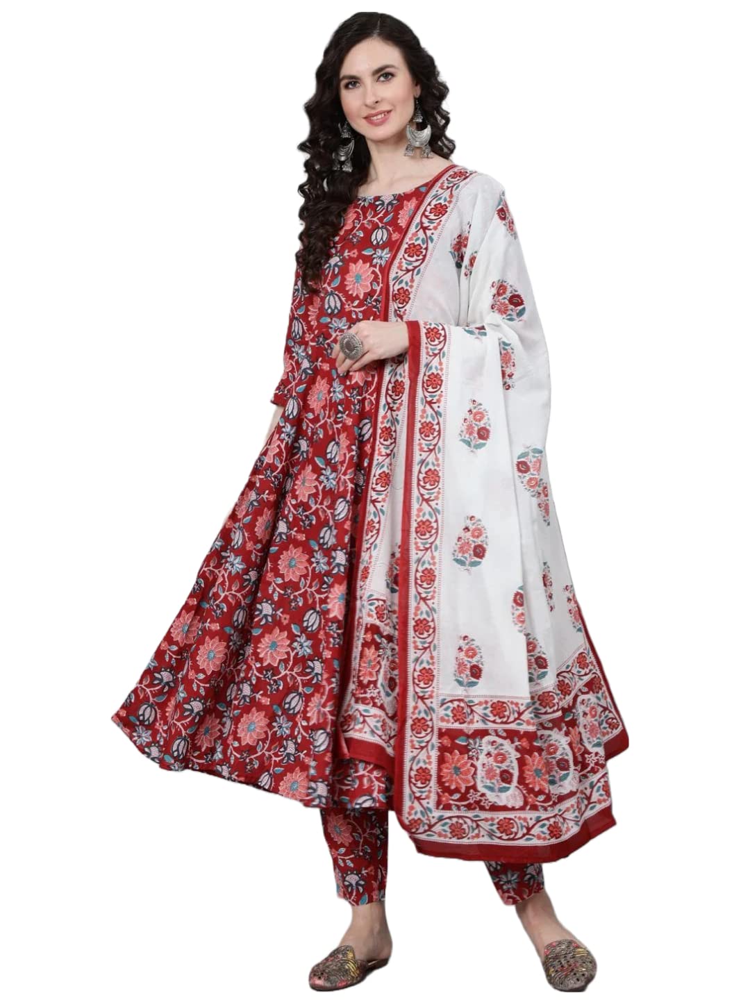 Gosriki Women'S Cotton Blend Floral Printed Anarkali Kurta With Trouser & Dupatta (Gym-Red-Gs_Xl_Red_X-Large),Red,,B0BWSB81W7