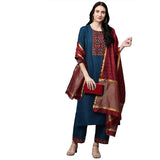 Gosriki Women'S Cotton Blend Embroidered Straight Kurta With Palazzo & Dupatta (Morning-Blue_Go),Blue,,B098NZMG5T