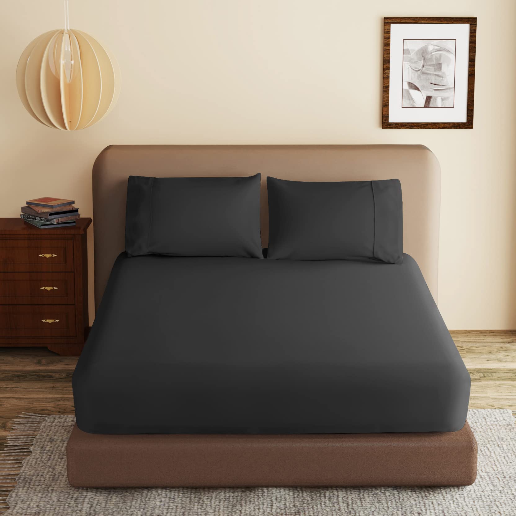 100% Egyptian Cotton Fitted Sheet Twin Size Black, 600 Thread Count, 8-16 Deep Pocket Sheet, Soft & Elastic Sateen Weave Botto
