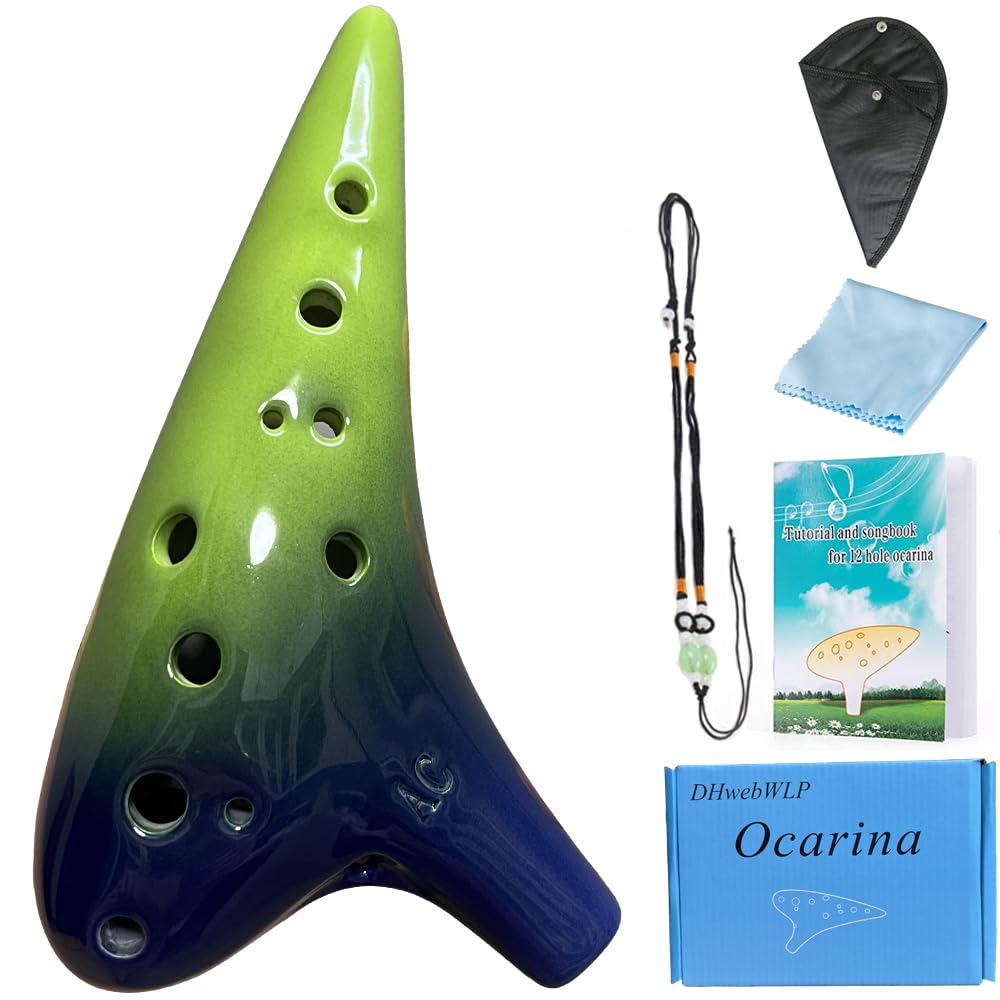 DHwebWLP 12 Hole Ocarina Instrument With Song Book for Beginner,Alto C Ceramic Ocarina(Green & Blue)