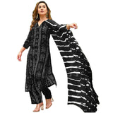 Gosriki Women'S Rayon Blend Straight Bandhej Printed Kurta With Pant & Dupatta (Baghira Black-Gs_M_Black_Medium),Black,,B0DPZ8VPCX