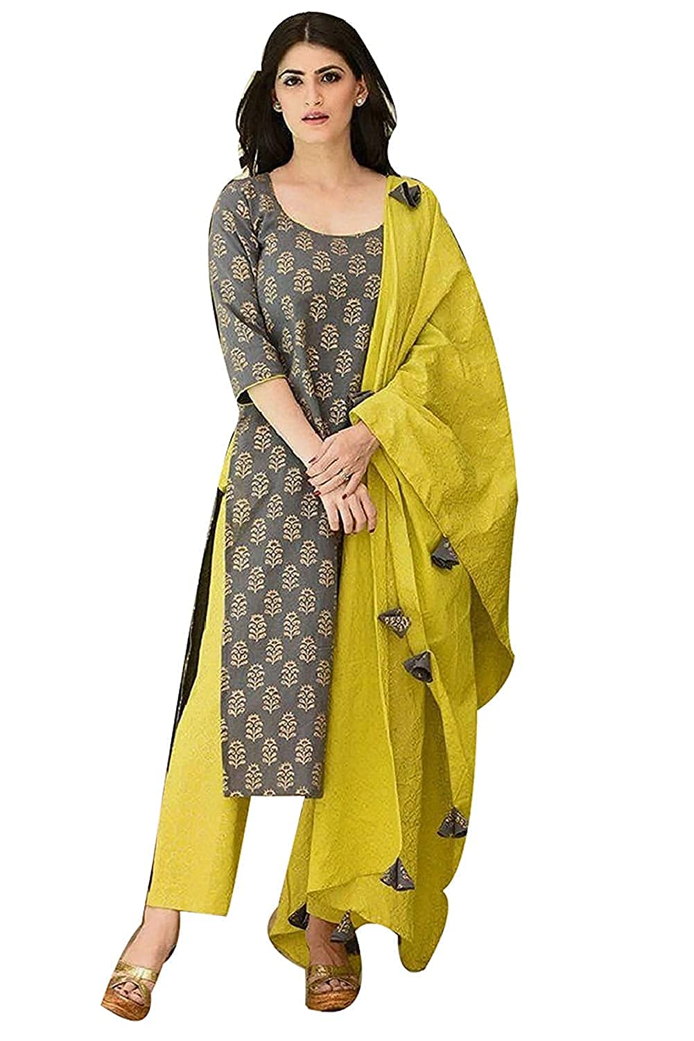 Anni Designer Women'S Pure Cotton Straight Kurta With Palazzo & Dupatta (Kpzd-Cot-10002-Grey_L_Grey_Large),Grey,L