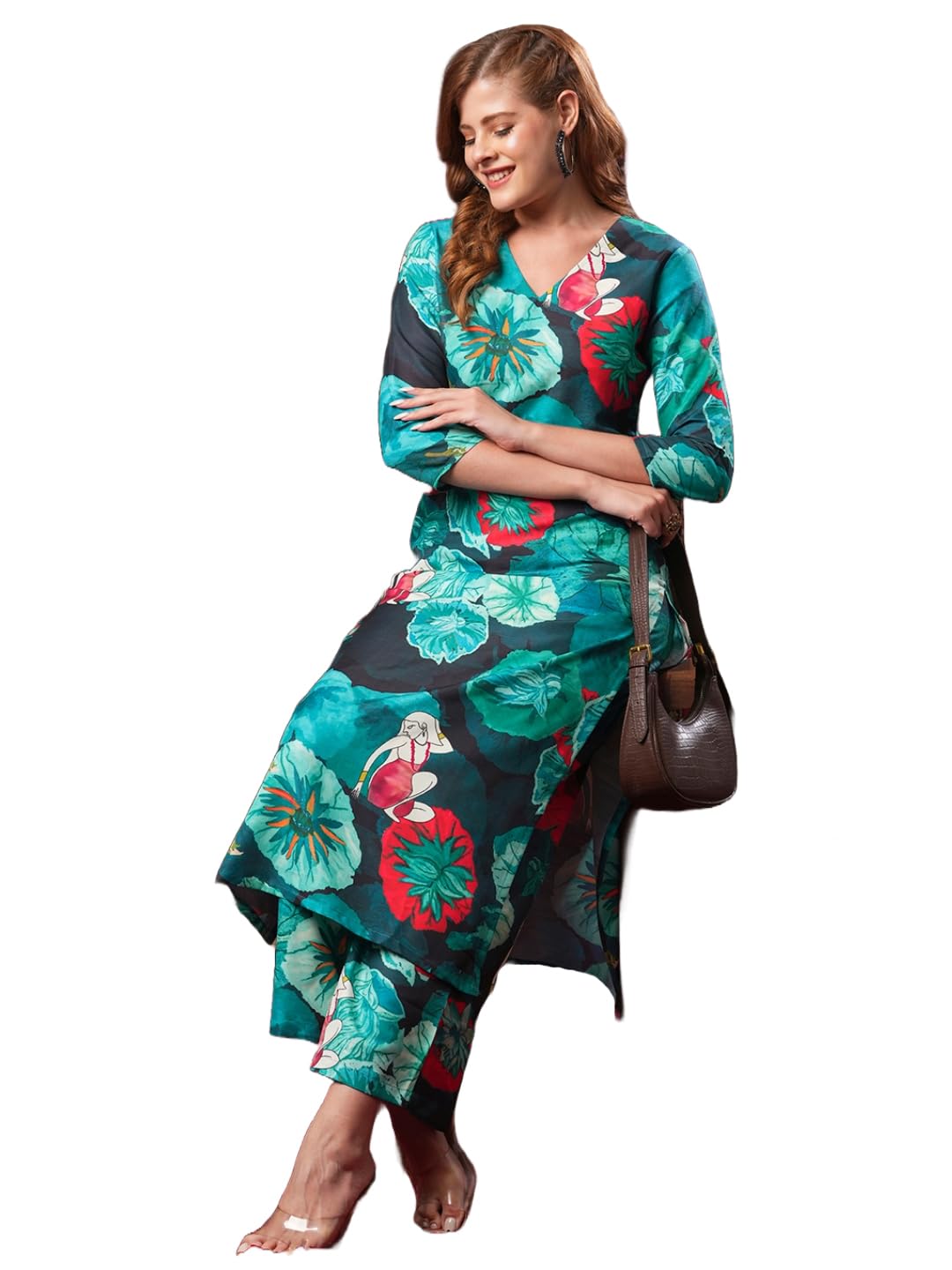 Anni Designer Women'S Cotton Blend Straight Printed Kurta With Palazzo (Reena Green_S_Green_Small),Green,S