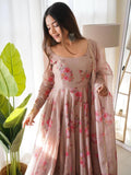 Women Floral Print Anarkali Kurta With Pant And Duptta (Medium Beige-1),Beige-1,M,Georgette,Crepe,Anarkali,Dupatta